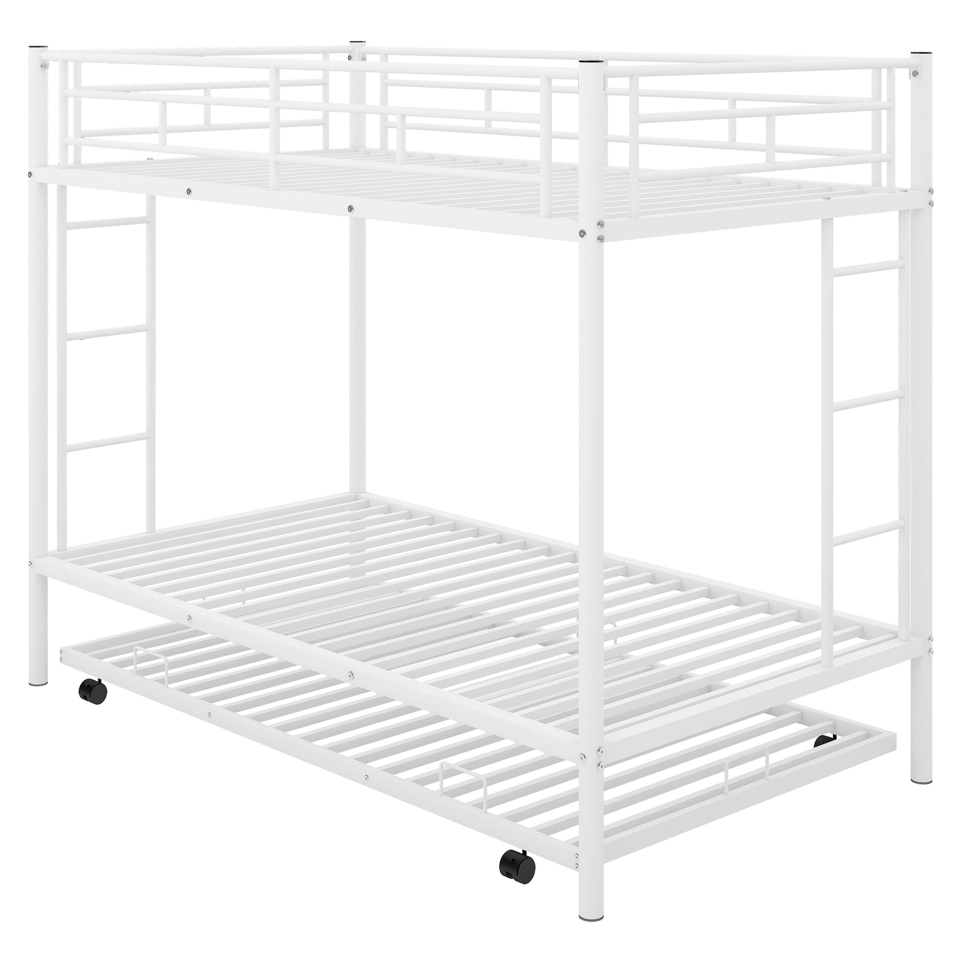 White metal triple bunk bed with pullout trundle