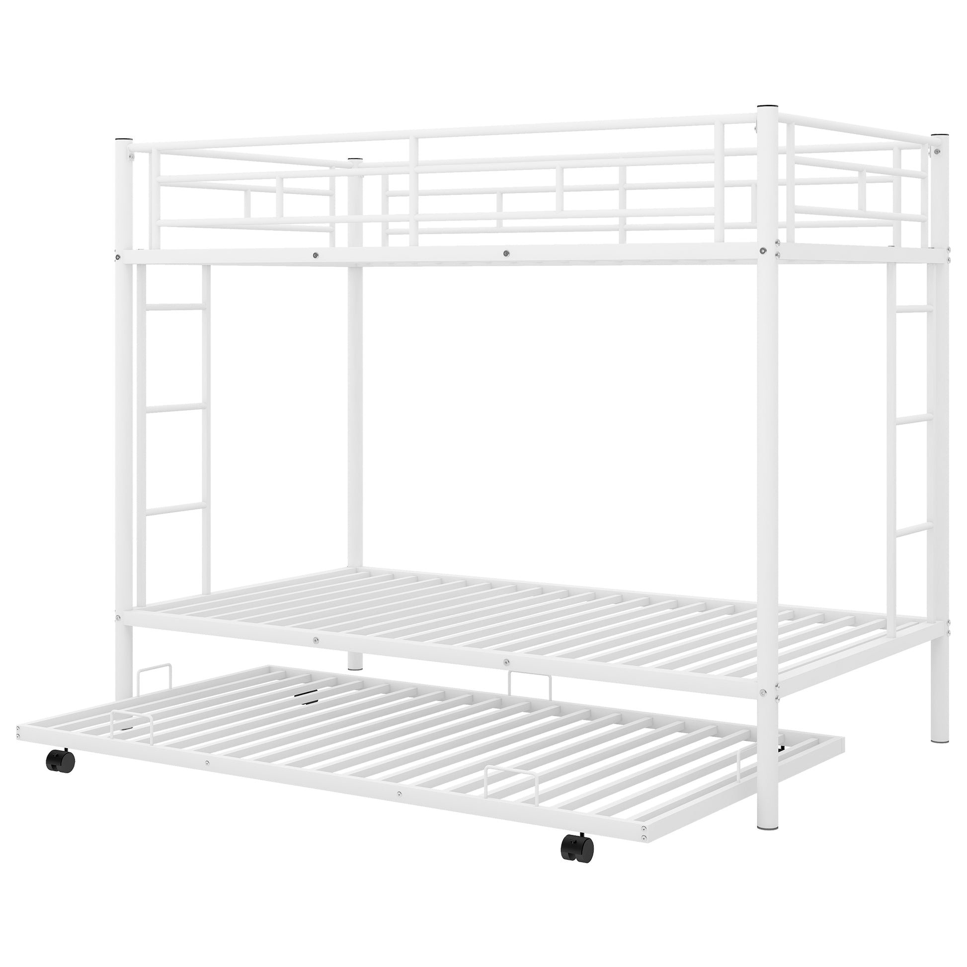 White metal twin bunk bed with pullout trundle