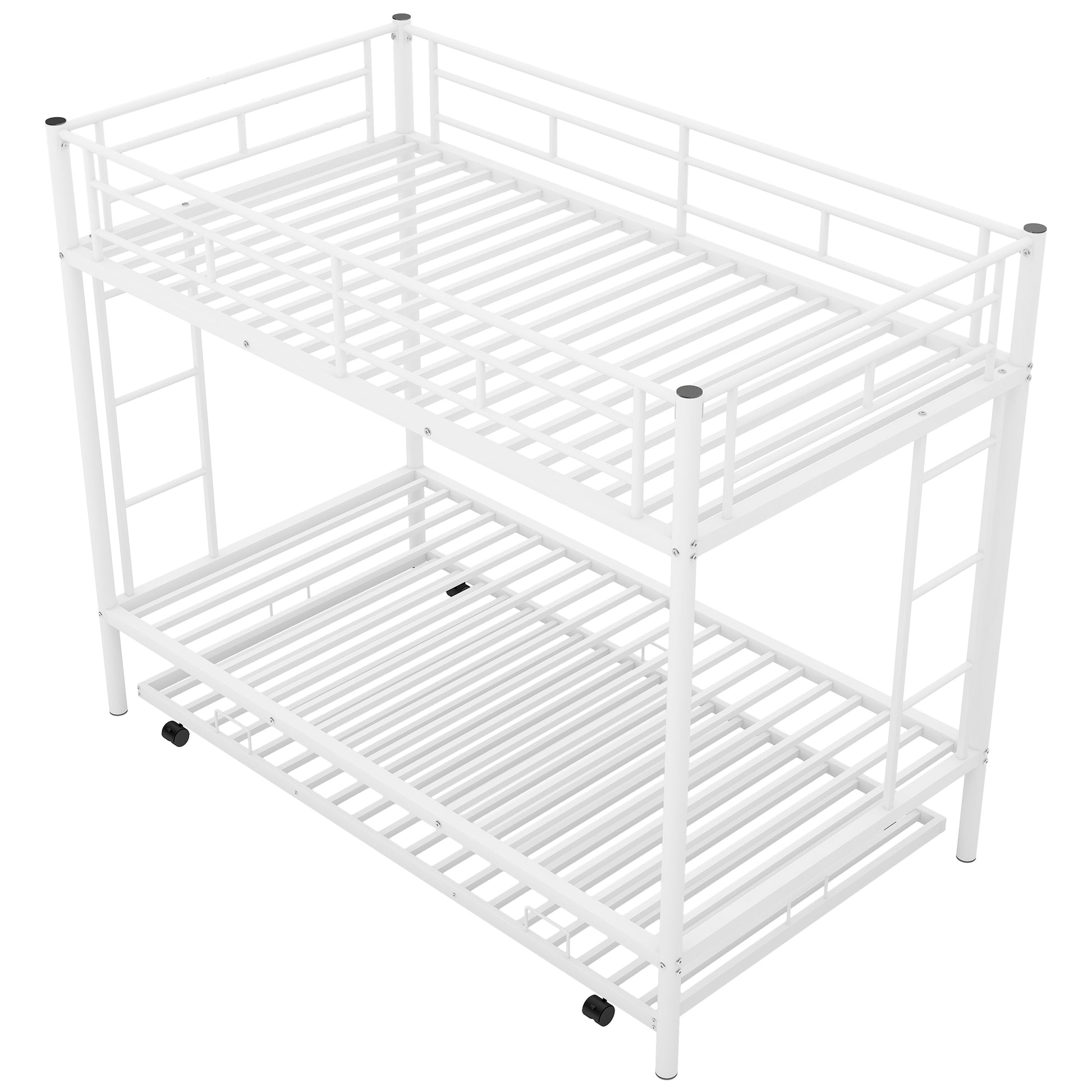 White metal twin bunk bed with guardrails and ladder