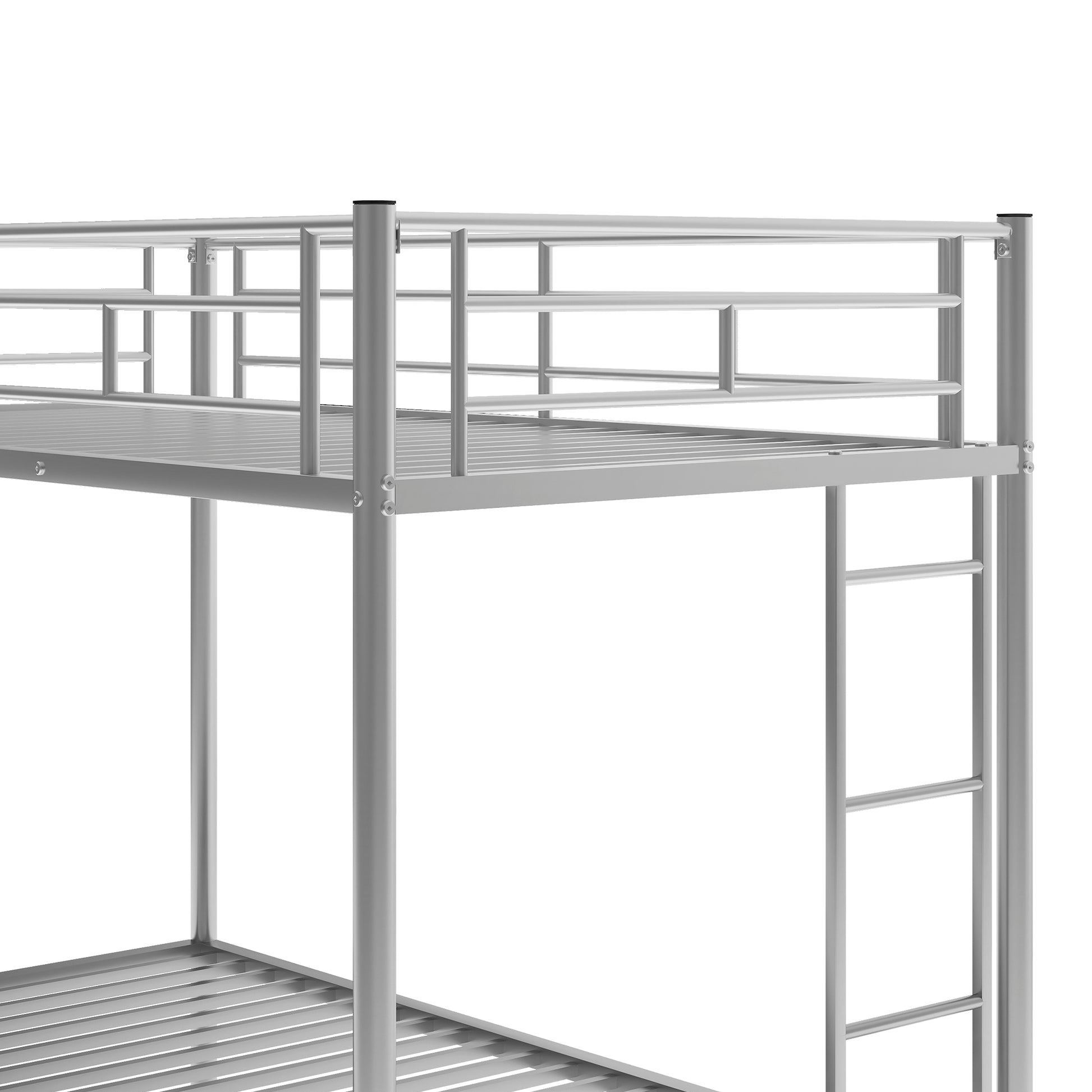 Silver metal bunk bed frame with ladder detail