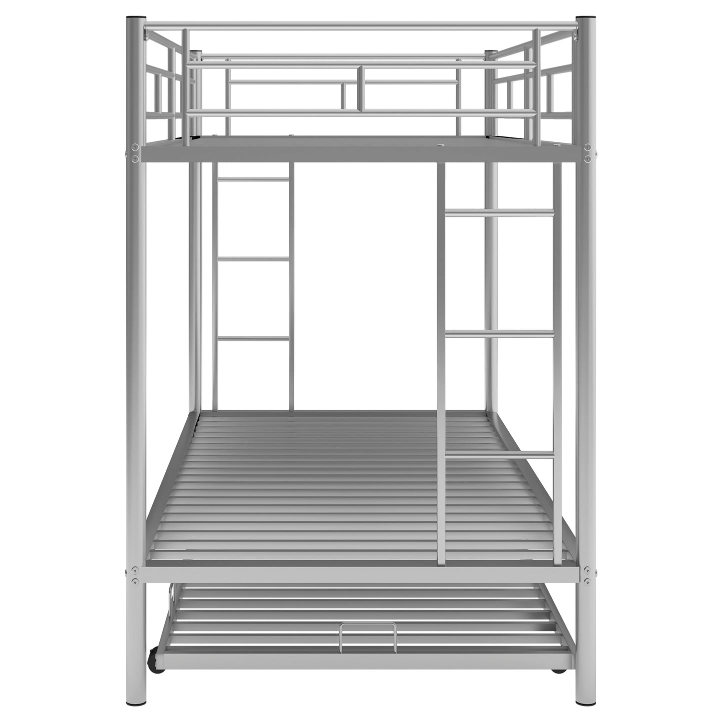 Silver metal twin over twin bunk bed with pullout trundle