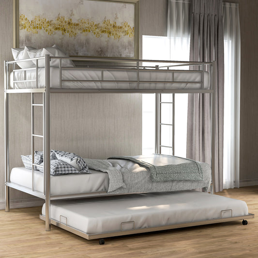 Silver metal triple bunk bed with pullout trundle for kids room