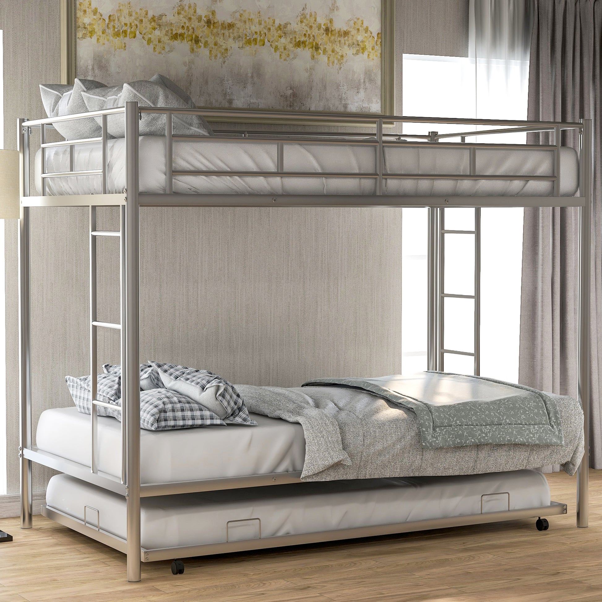 Silver metal twin bunk bed with pullout trundle perfect for kids rooms