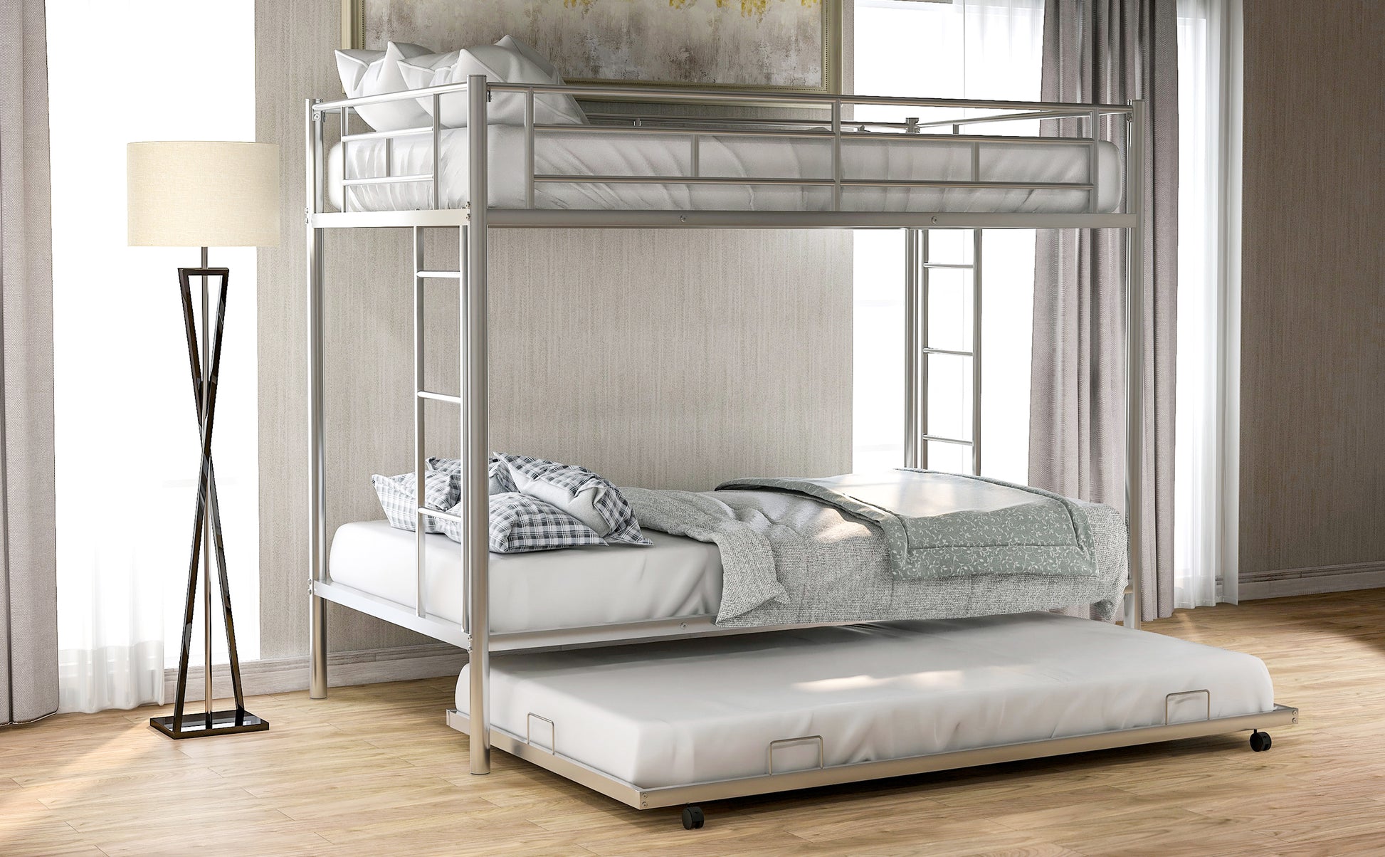 Silver metal twin over twin bunk bed with pullout trundle