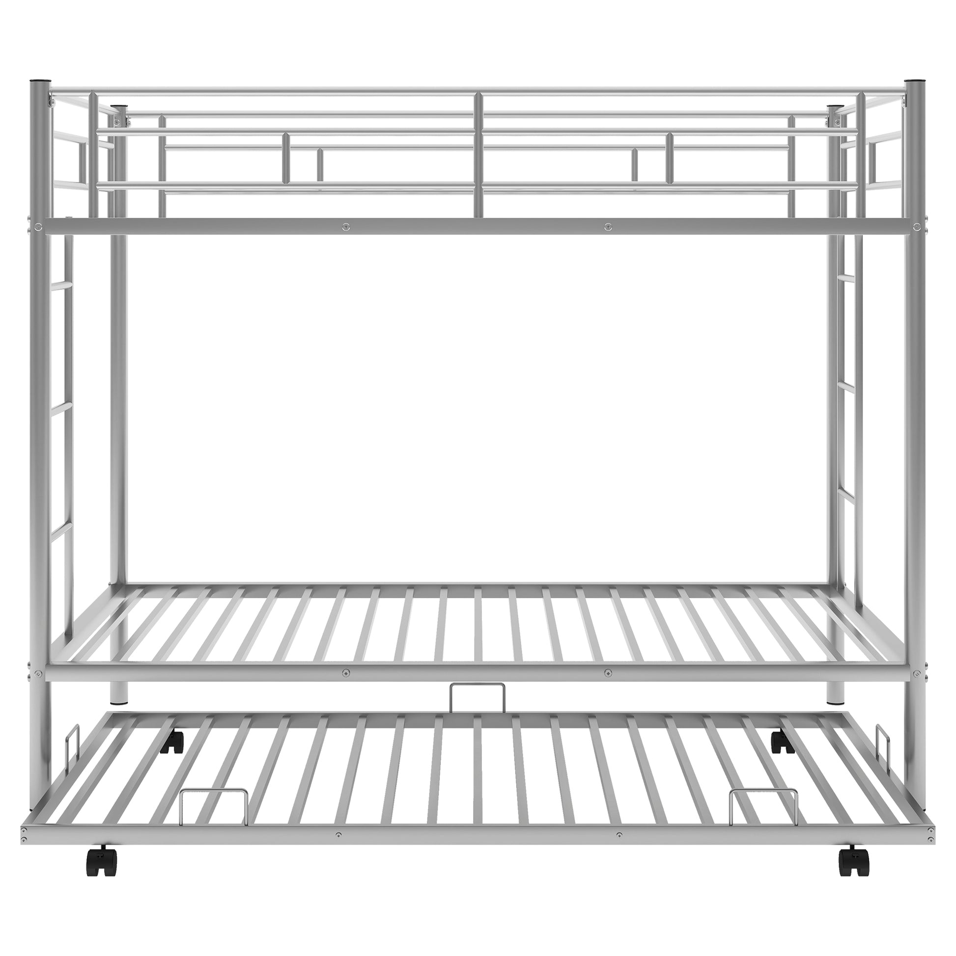 Silver metal twin bunk bed with rolling trundle