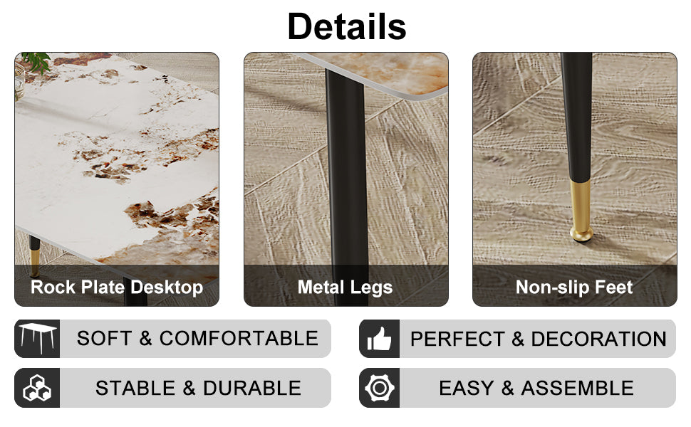 Closeup of a white rock plate desktop with brown veining and a goldtipped leg