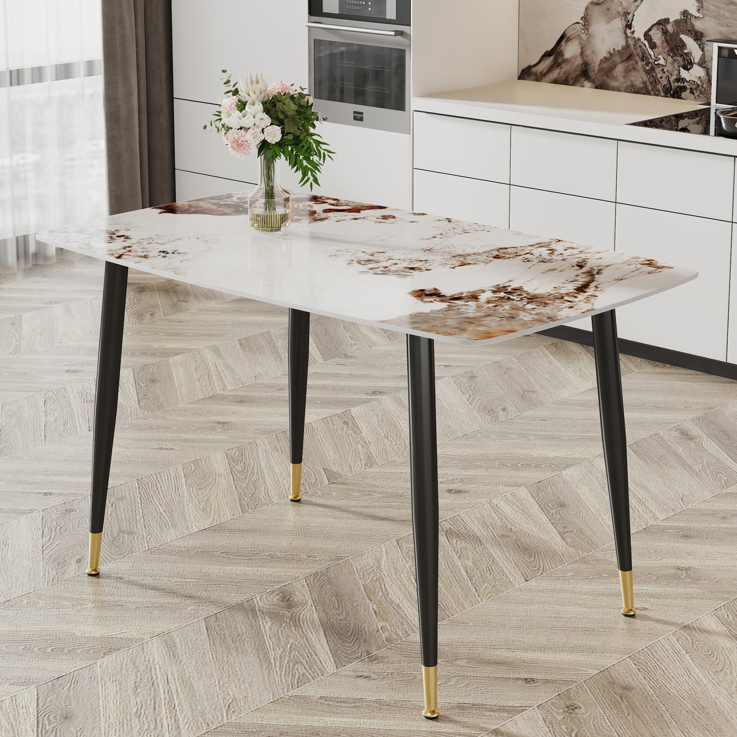 Rectangular faux marble dining table with black tapered legs and gold accents