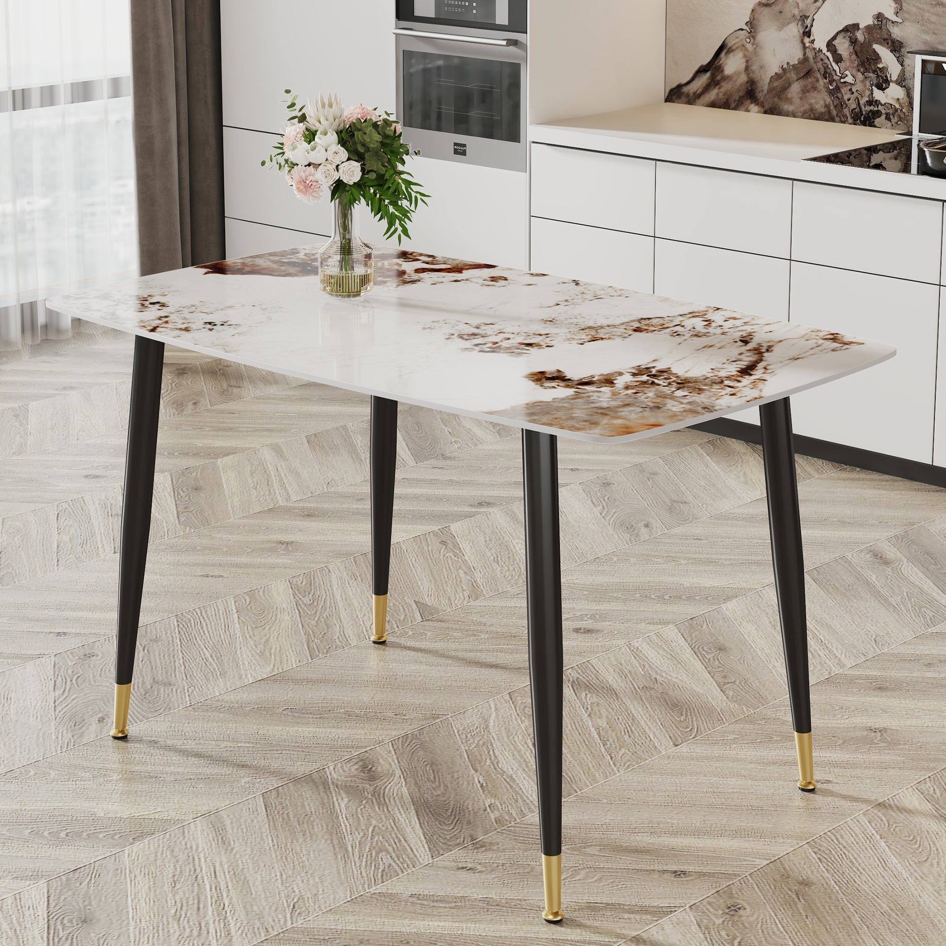 Rectangular faux marble dining table with black tapered legs and gold accents