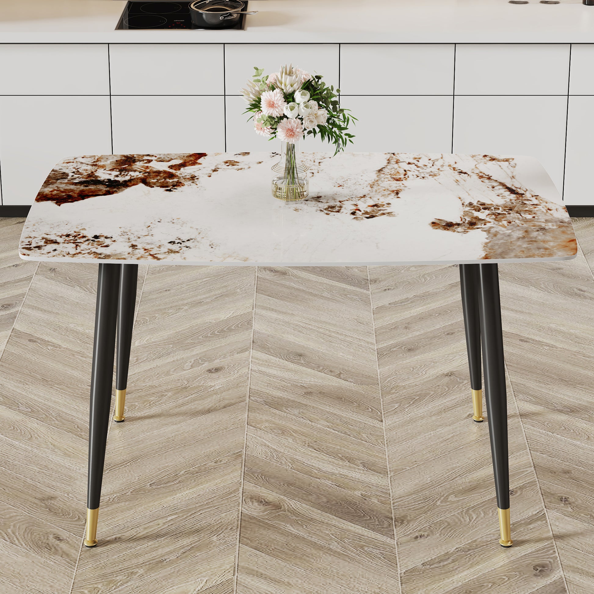 Rectangular dining table with white marble top and brown veining