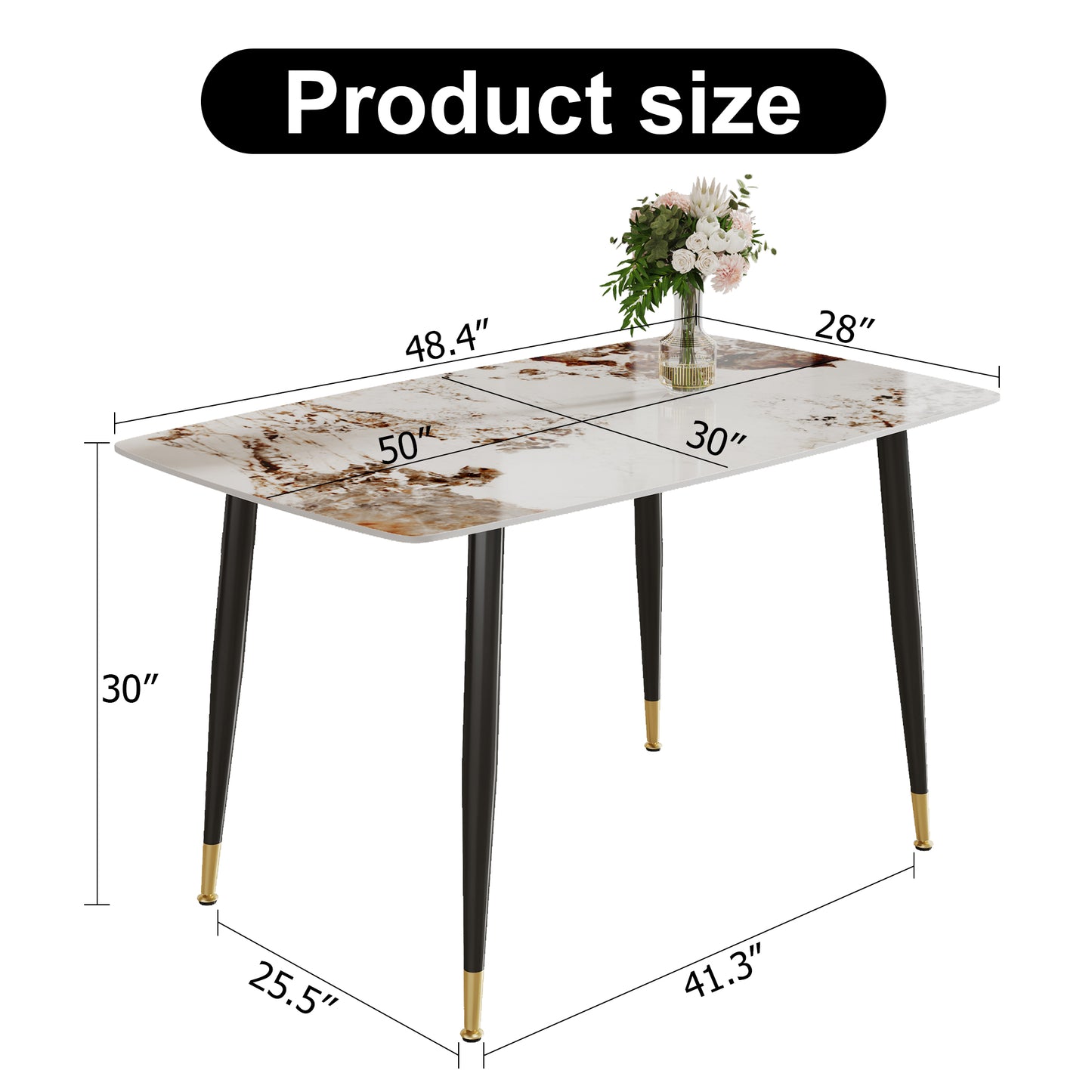 Rectangular dining table with marblelook top black tapered legs with gold accents
