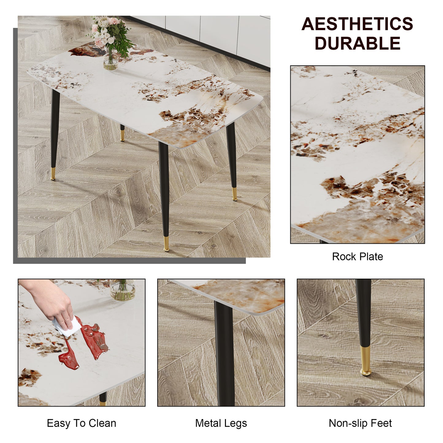 Rectangular dining table with white rock plate top and gold accents