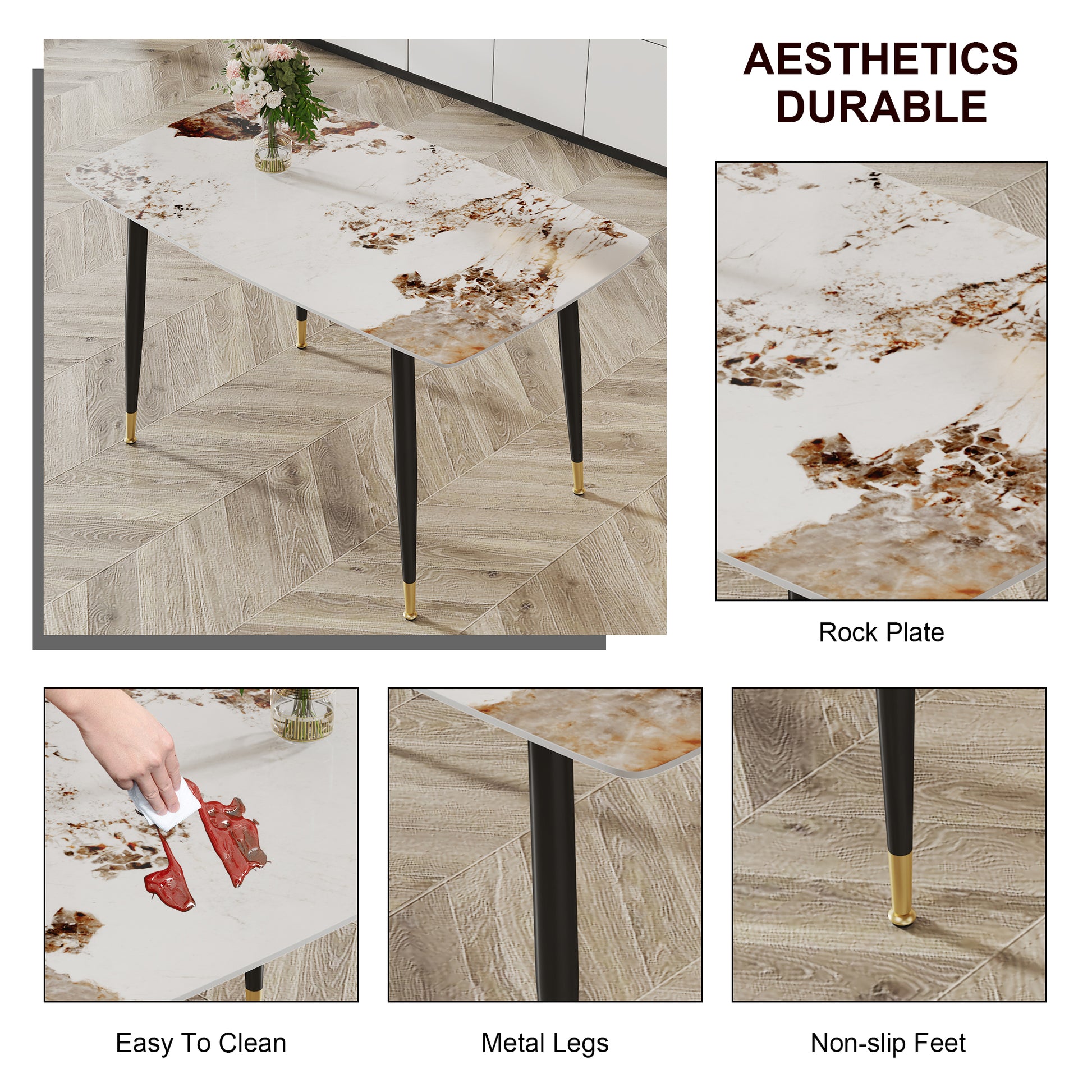 Rectangular dining table with white rock plate top and gold accents