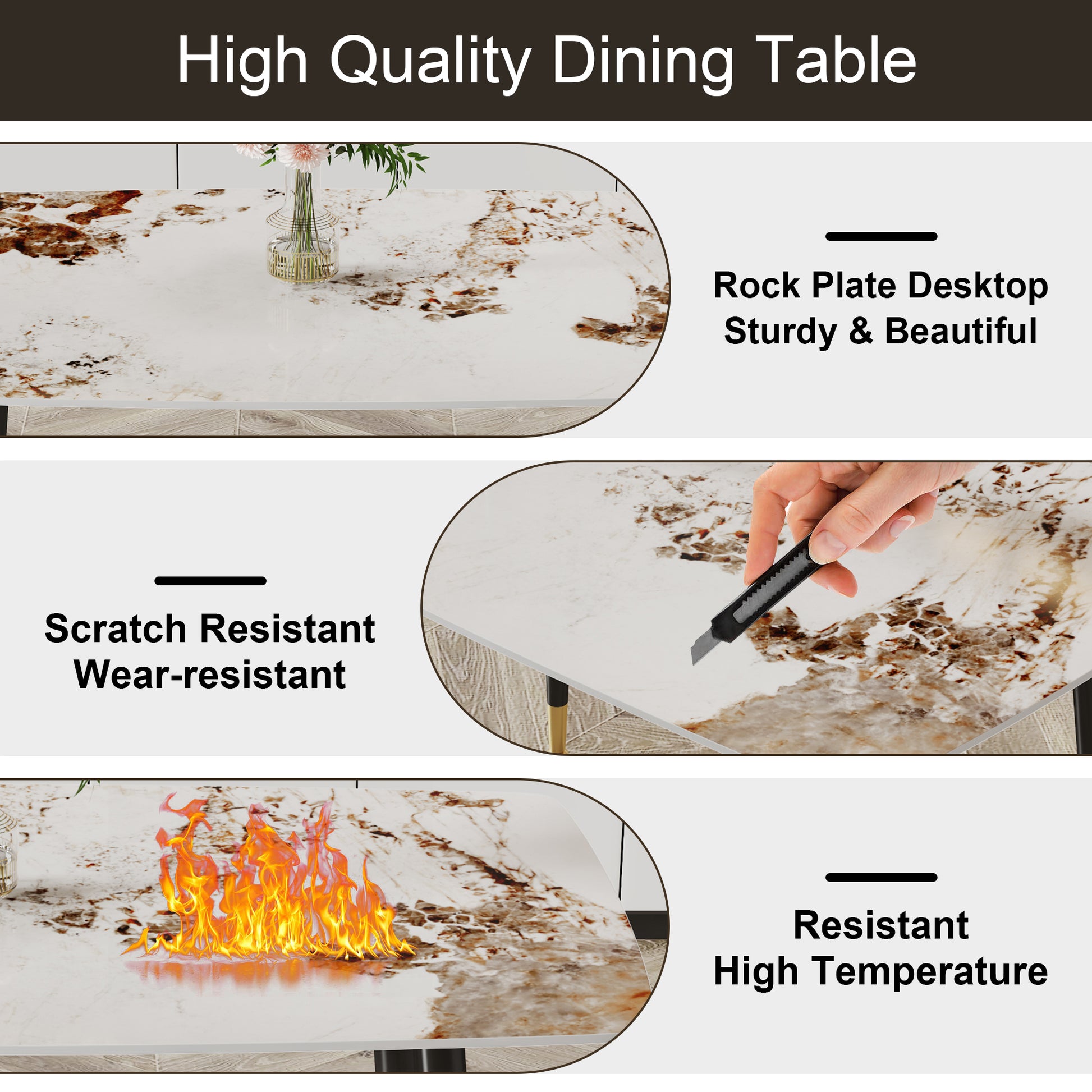Closeup of a highquality dining table with a white rock plate desktop featuring brown marbling