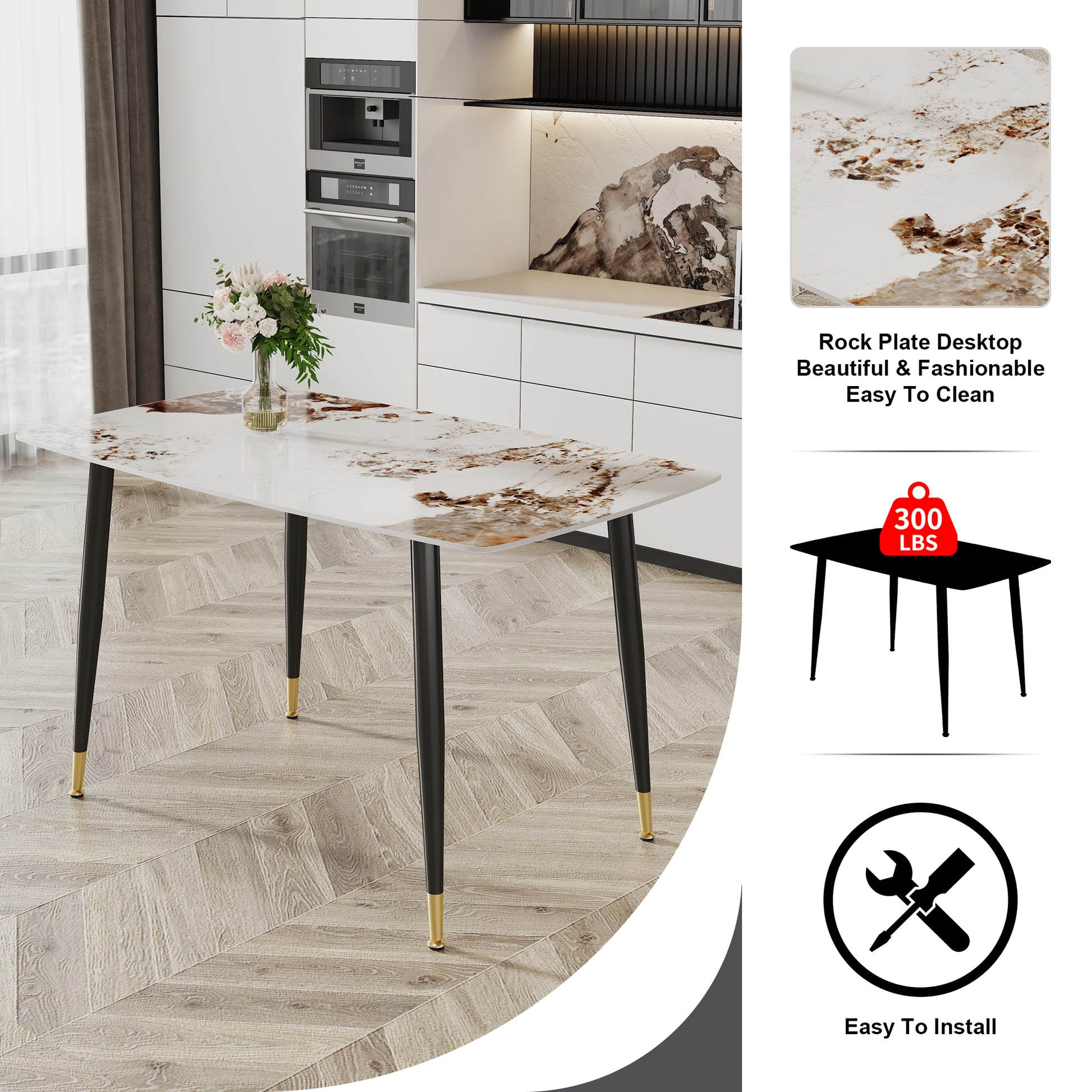Rectangular dining table with white marblelook rock plate desktop and black tapered legs with gold accents
