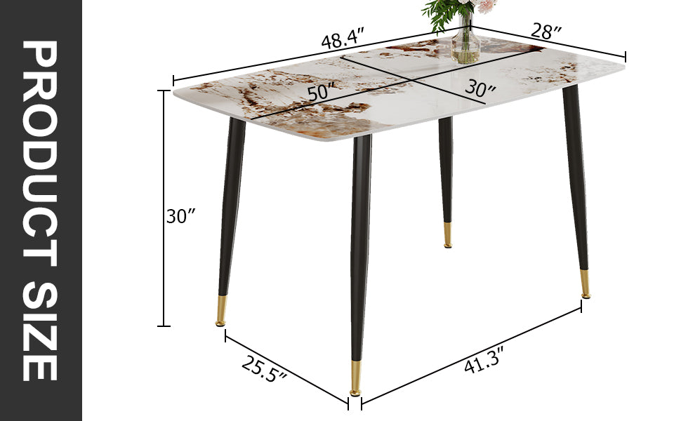 Rectangular dining table with white marble top and black tapered legs with gold caps