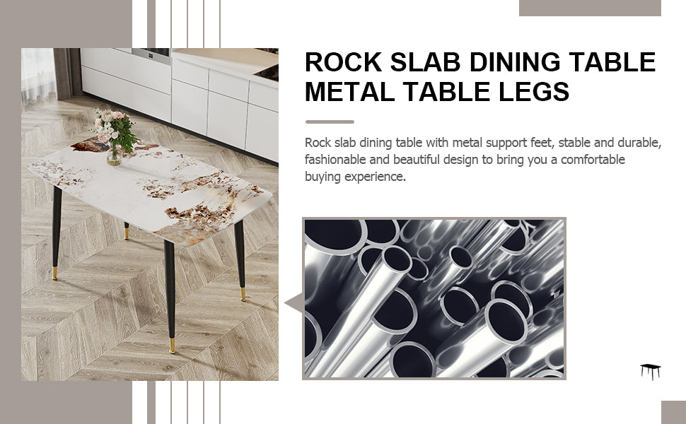 Rectangular rock slab dining table with beige and brown marbling