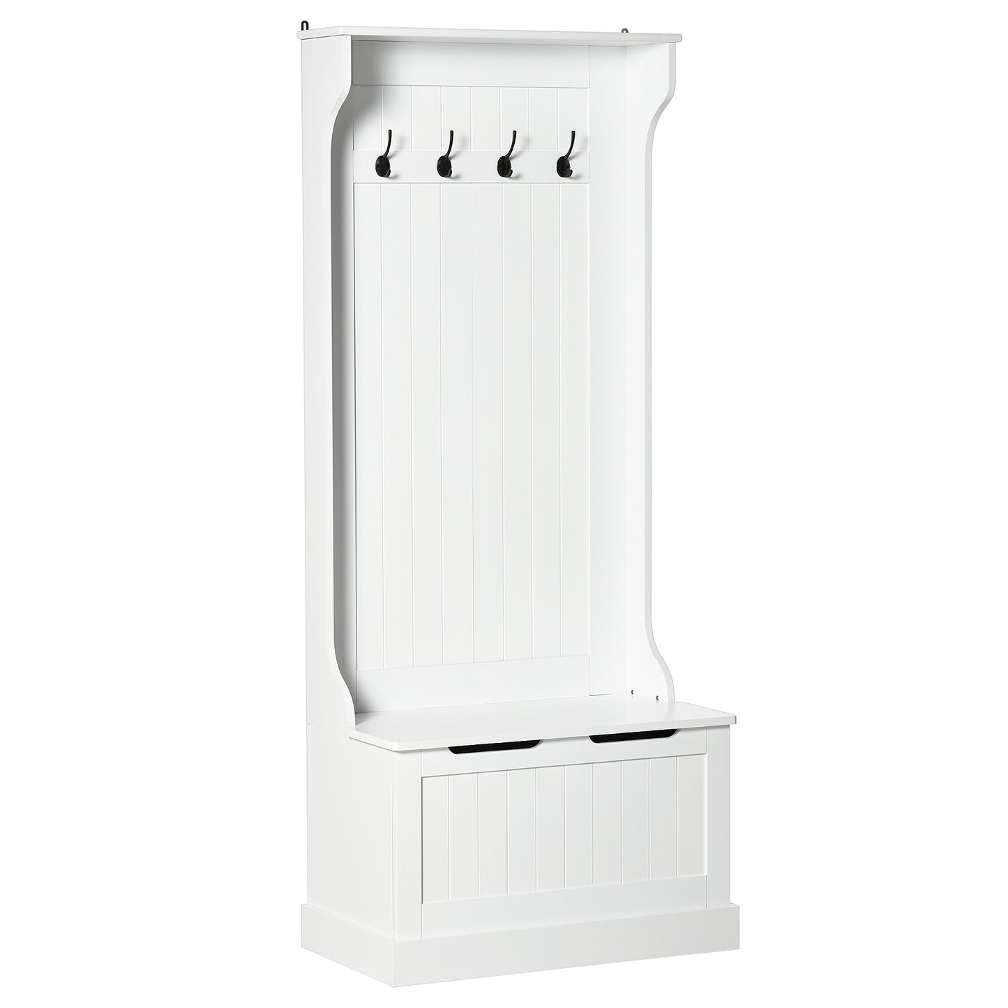 White wooden hall tree with four black coat hooks and storage bench