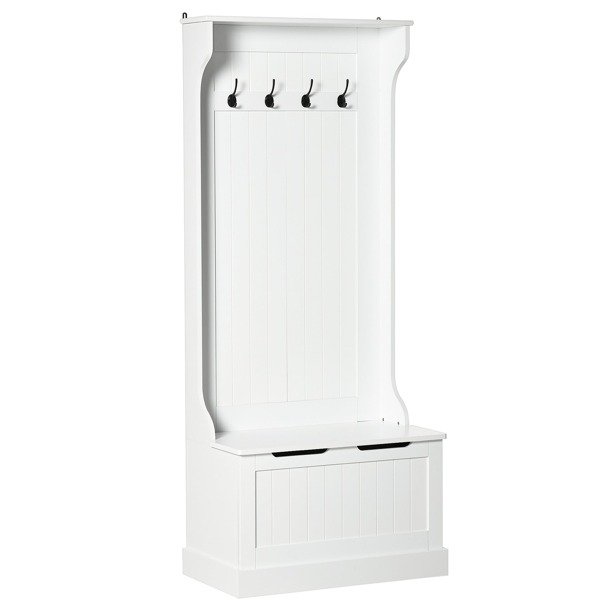 White wooden hall tree with four black coat hooks and storage bench