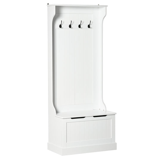 White wooden hall tree with four black coat hooks and storage bench