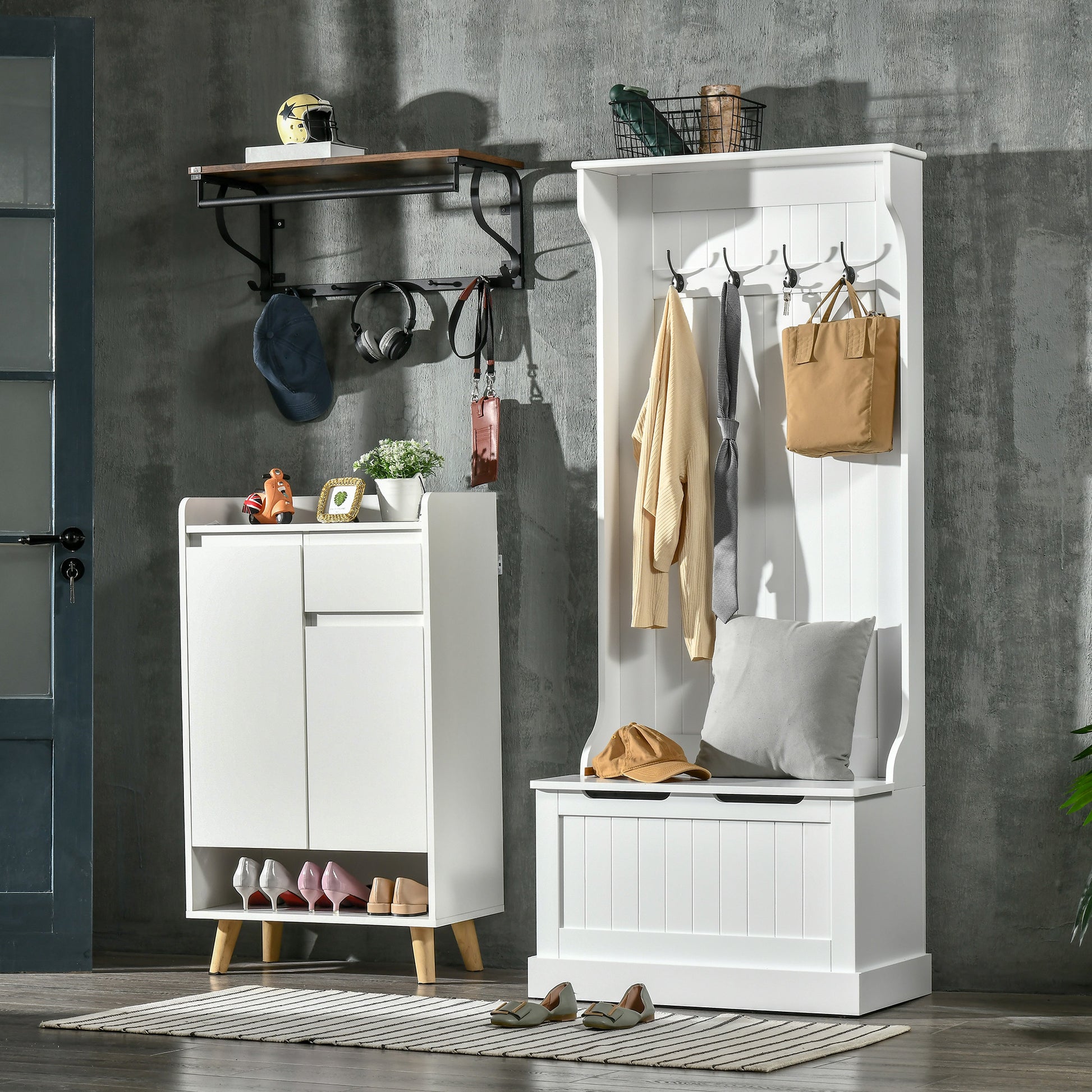 White entryway bench with storage and hooks