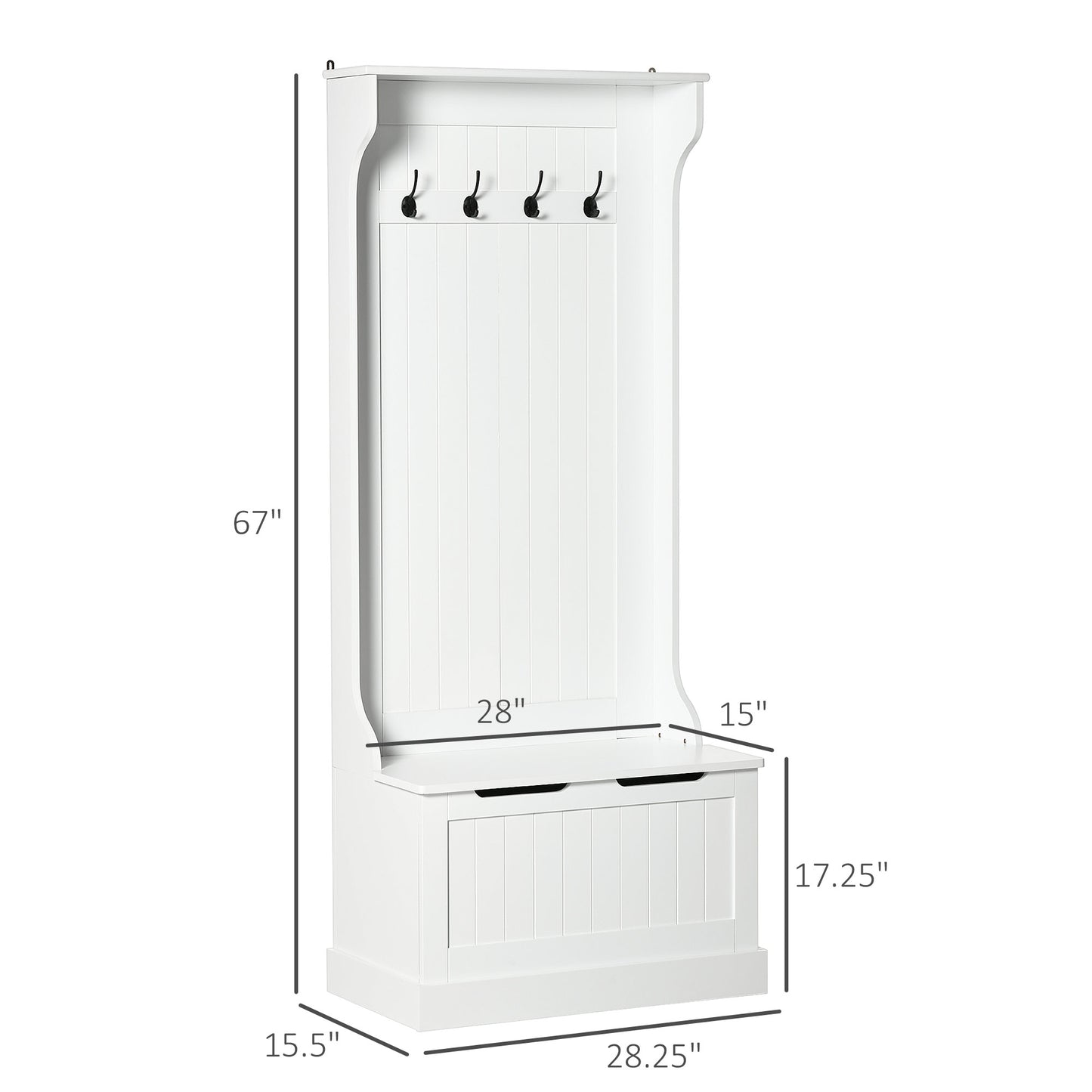White hall tree with bench and four black coat hooks