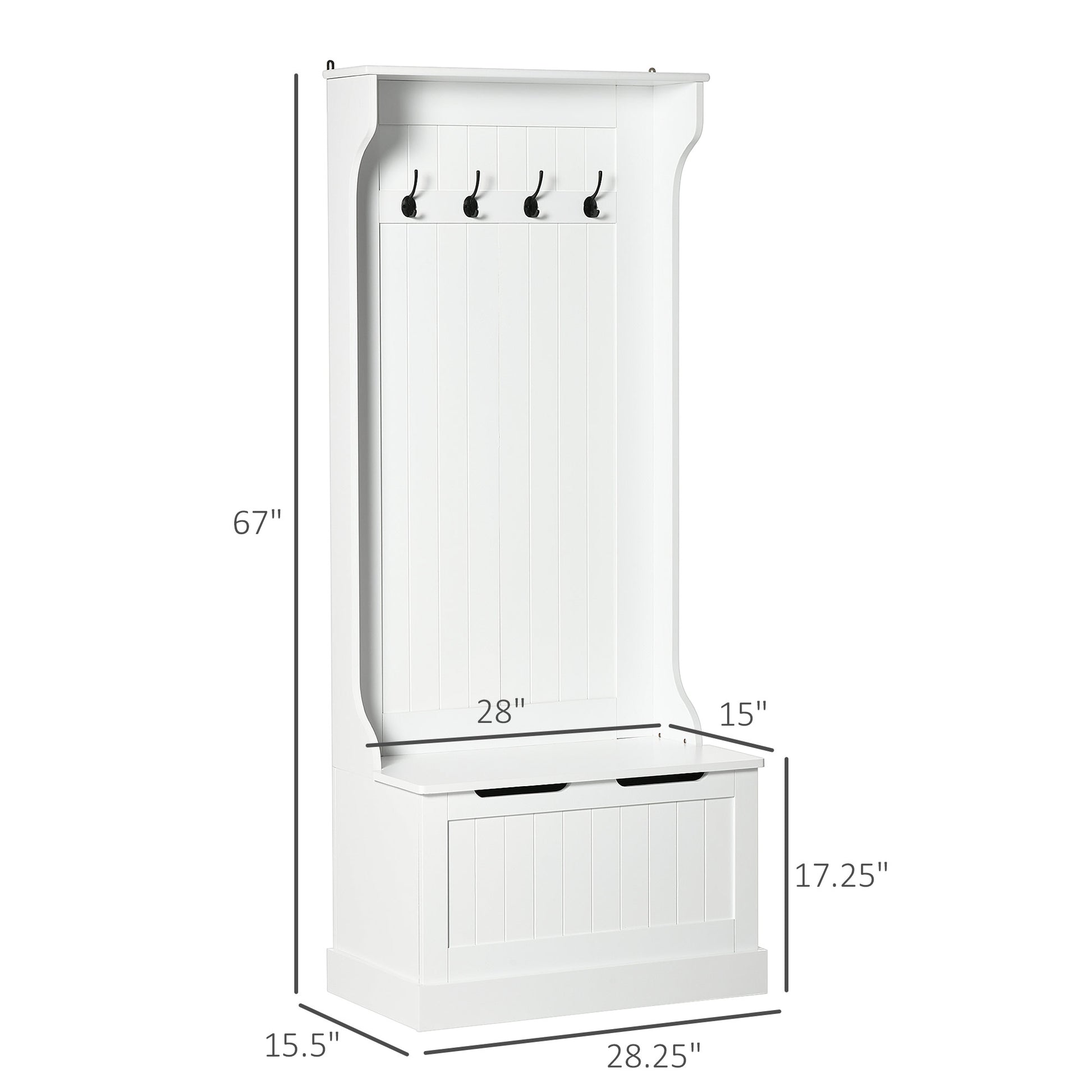 White hall tree with bench and four black coat hooks