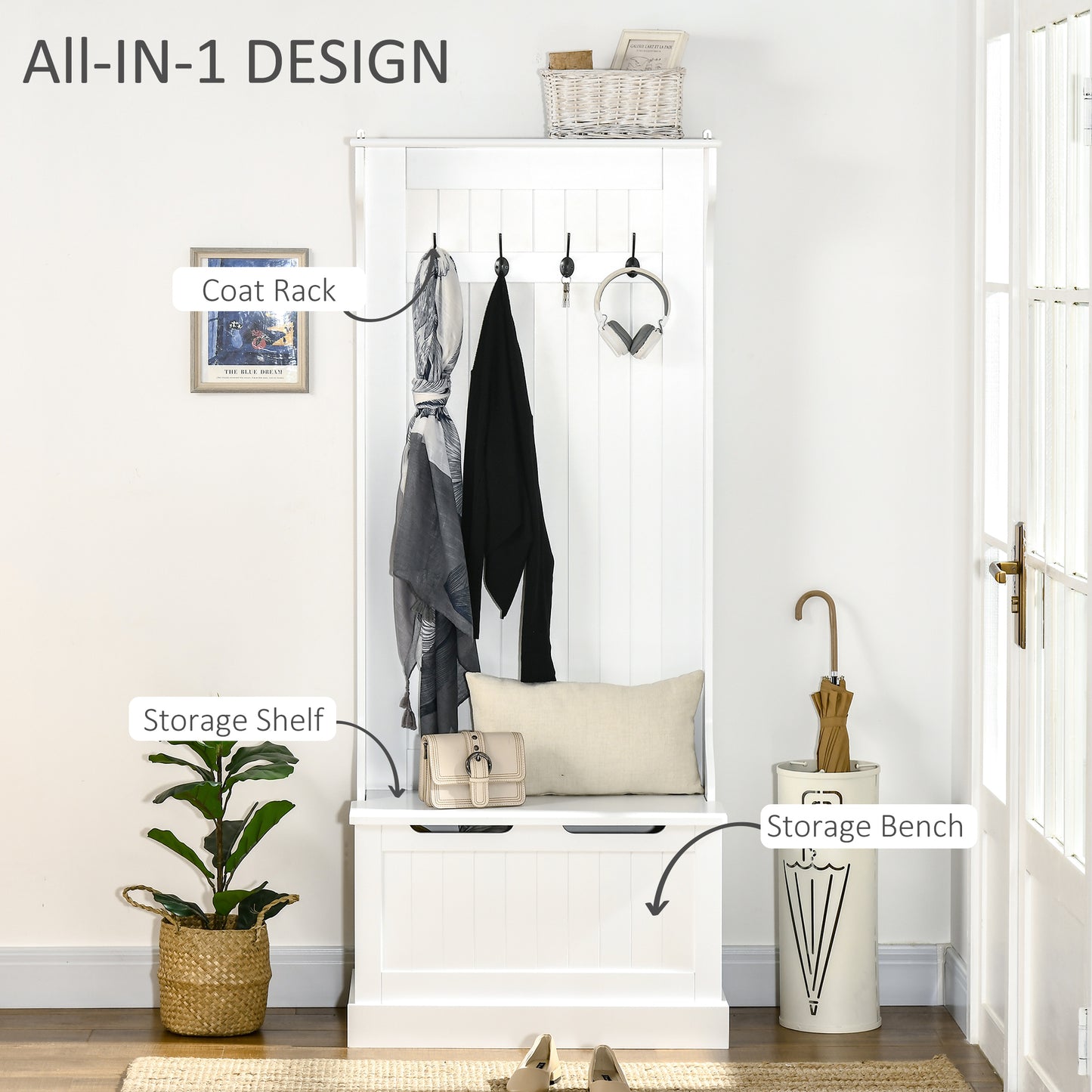 White hall tree with coat rack and storage bench by the door