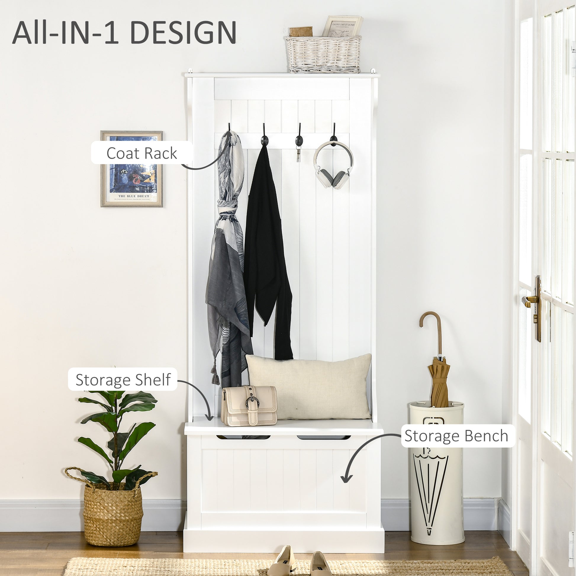 White hall tree with coat rack and storage bench by the door
