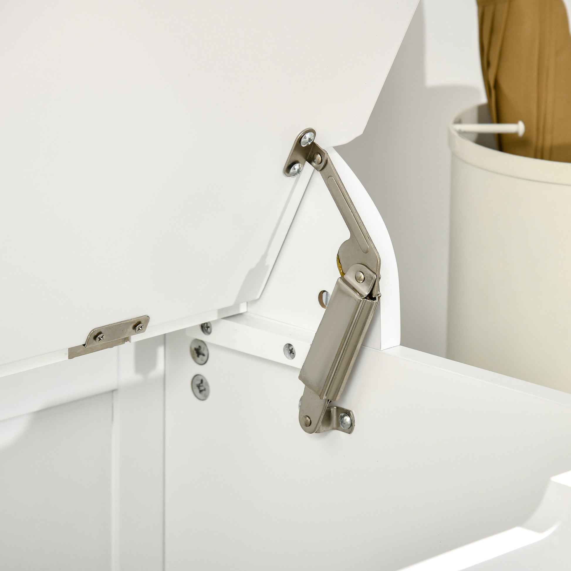 White wooden storage bench lid with brushed nickel hinge