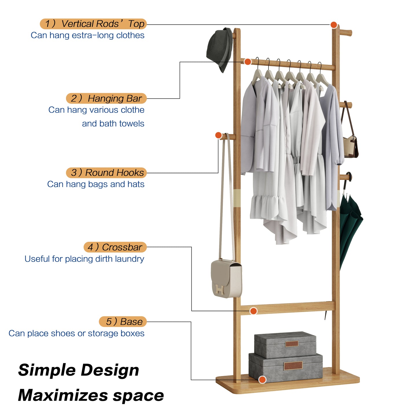 Bamboo coat rack with hanging clothes a hat and two bags
