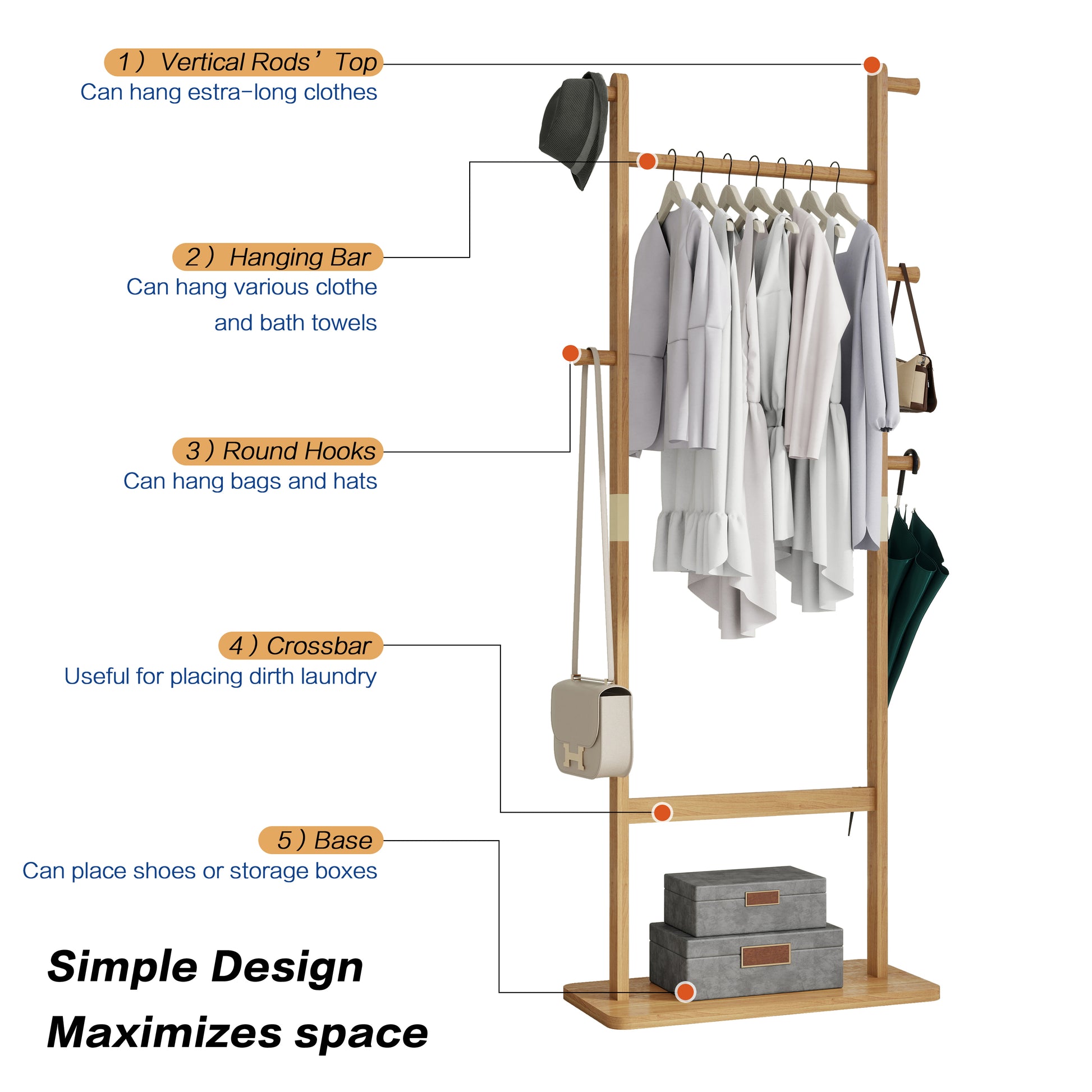 Bamboo coat rack with hanging clothes a hat and two bags