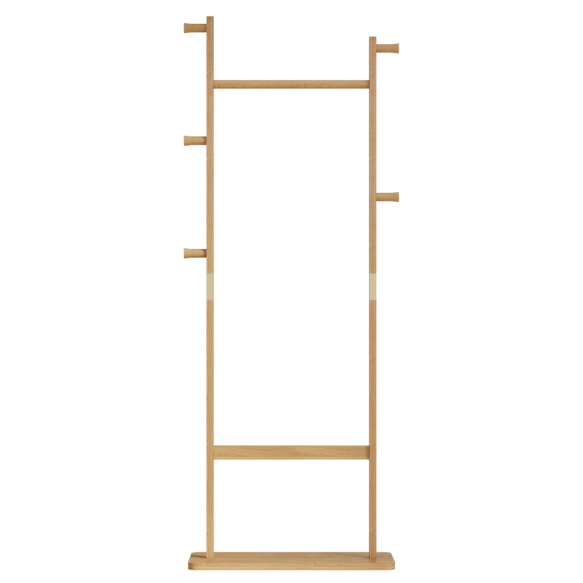 Natural wood coat rack with multiple hanging pegs and a horizontal bar