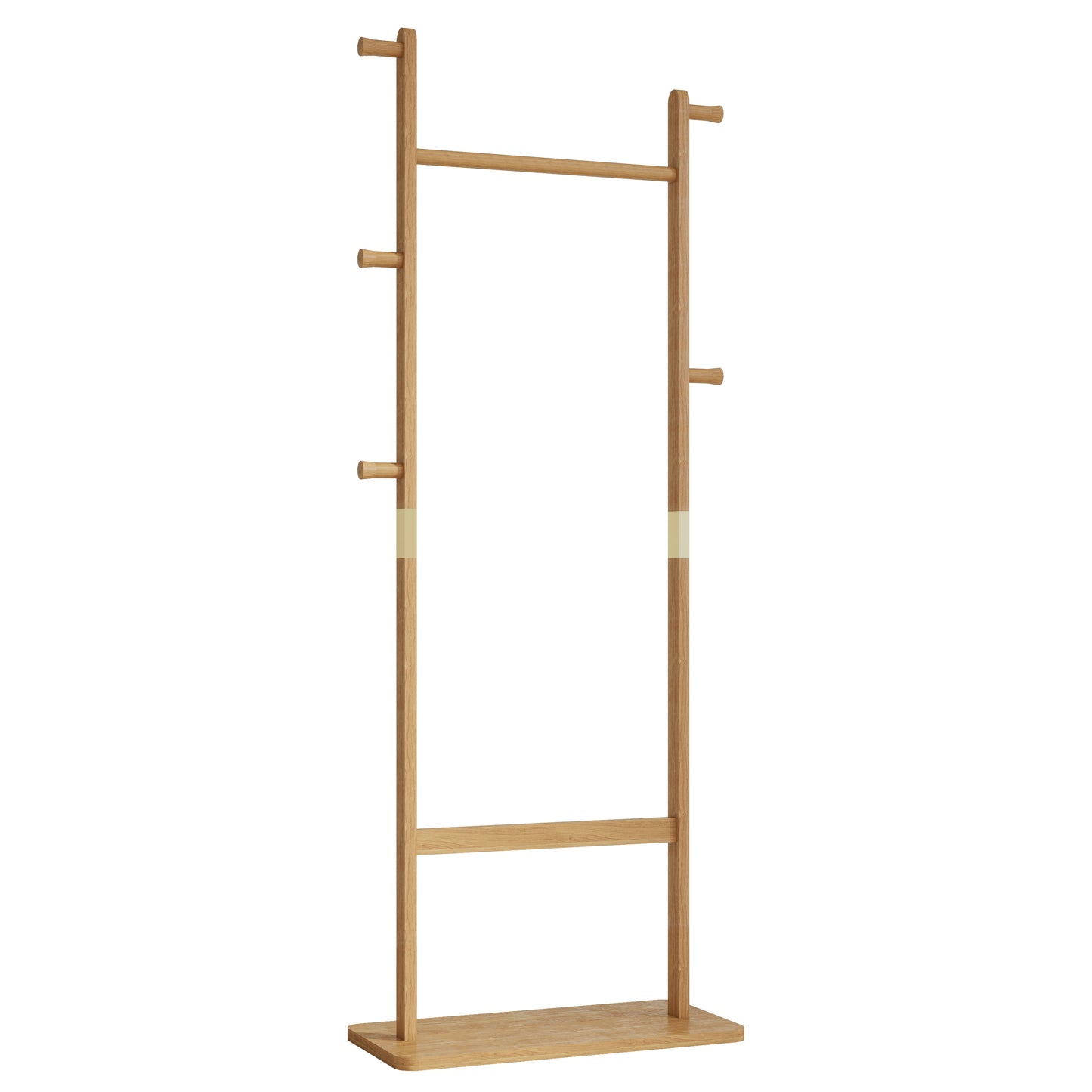 Natural wood coat rack with multiple pegs and a shelf for entryway storage