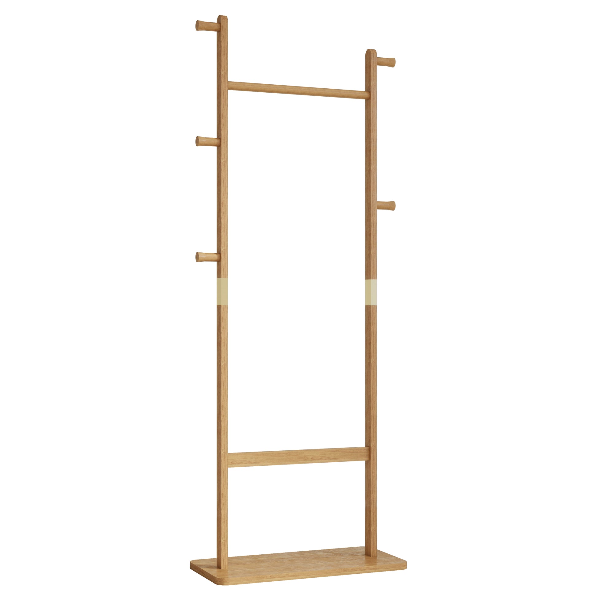 Natural wood coat rack with multiple pegs and a shelf for entryway storage