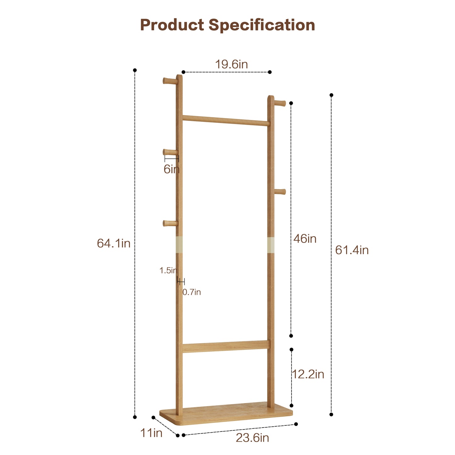 Wooden garment rack with multiple hanging pegs and a bottom shelf dimensions in x in