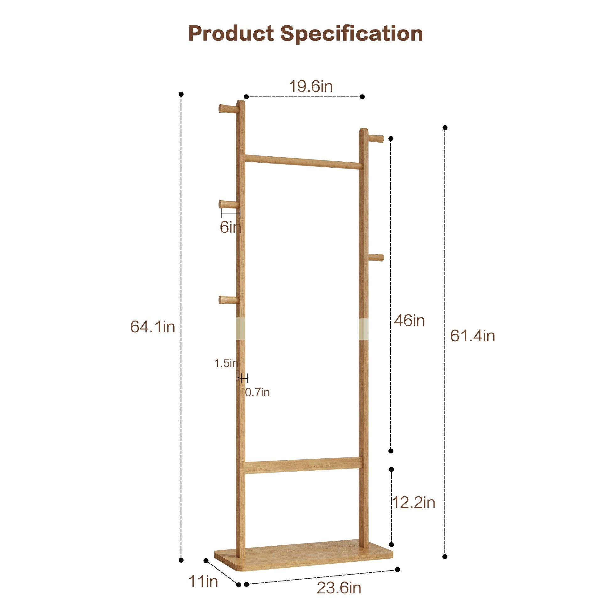 Wooden garment rack with multiple hanging pegs and a bottom shelf dimensions in x in
