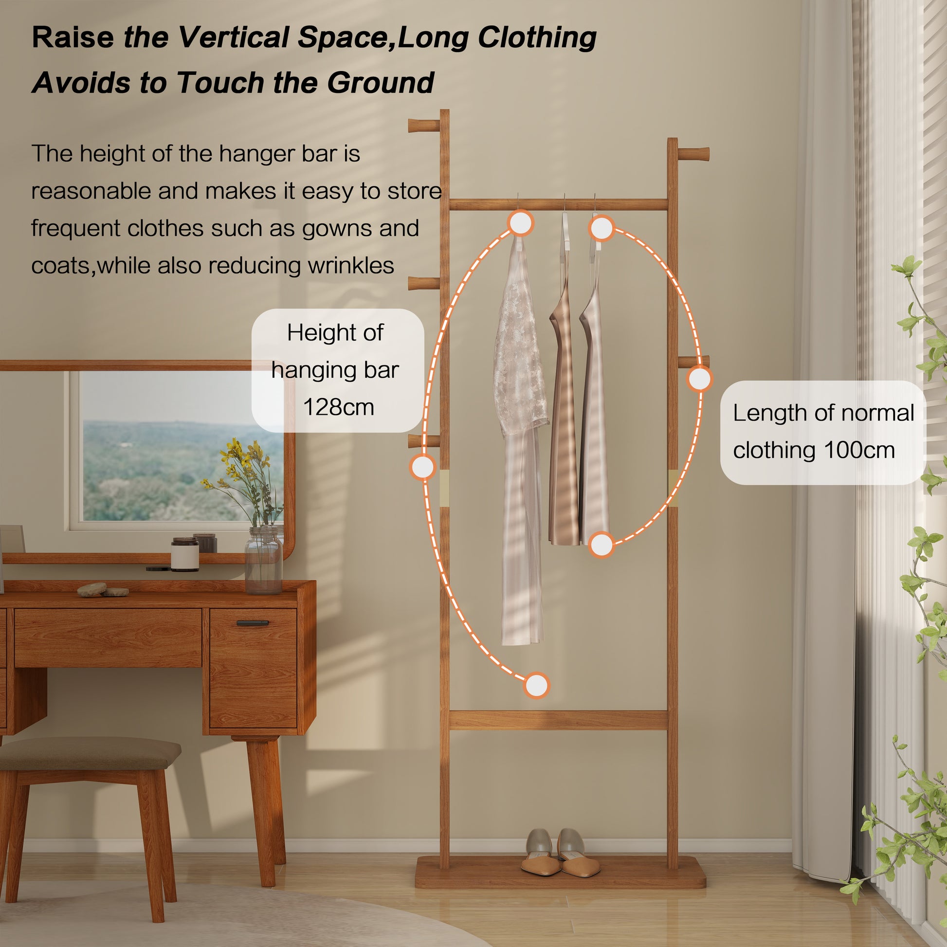 Wooden garment rack with hanging dresses and shoes on floor