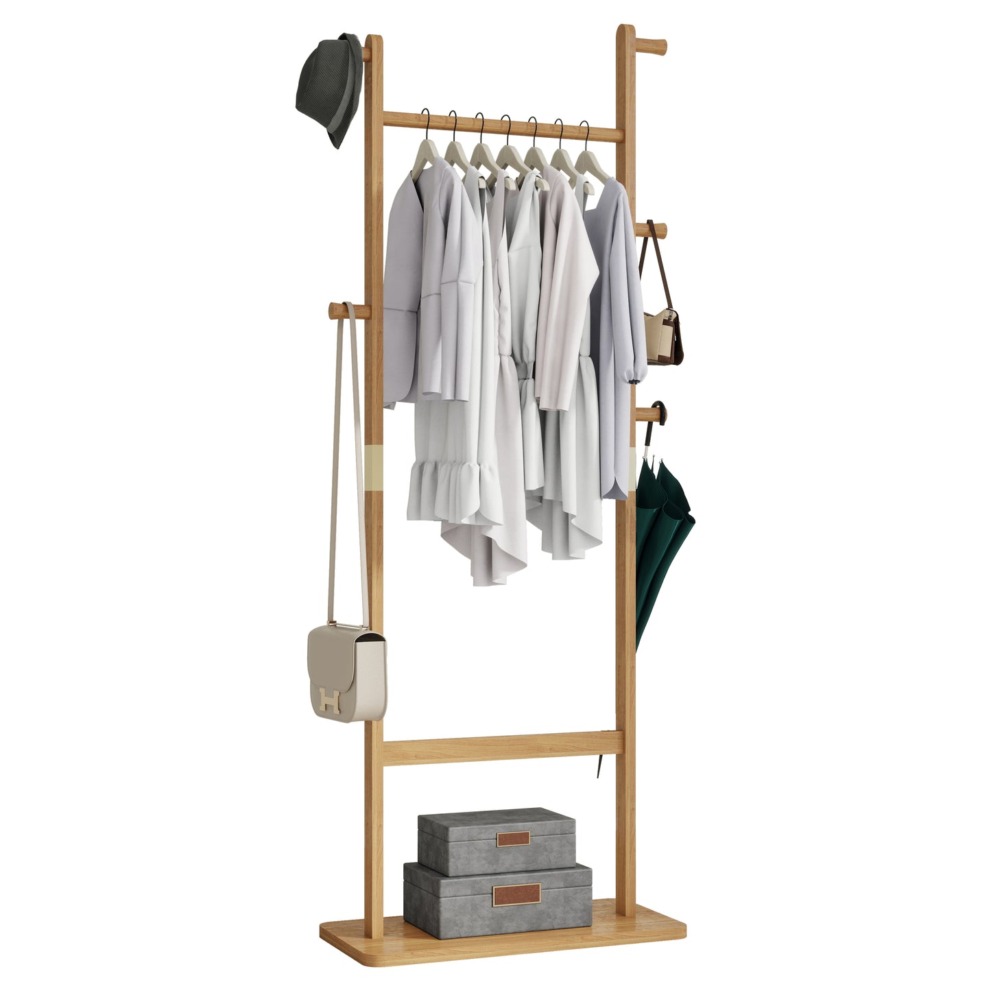 Modern bamboo garment rack with multiple clothing items and accessories