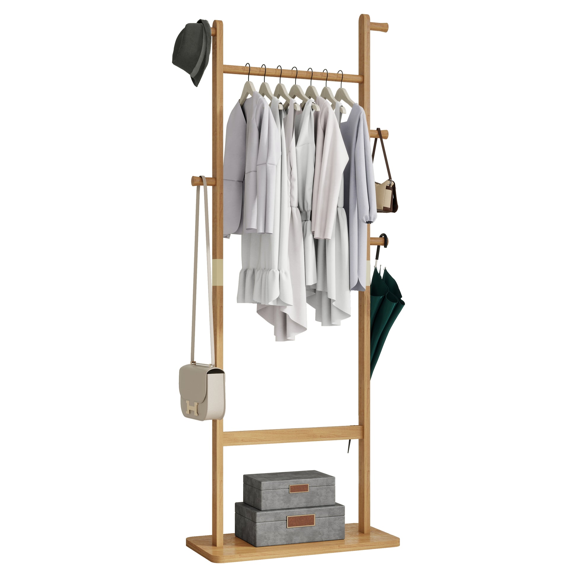 Modern bamboo garment rack with multiple clothing items and accessories