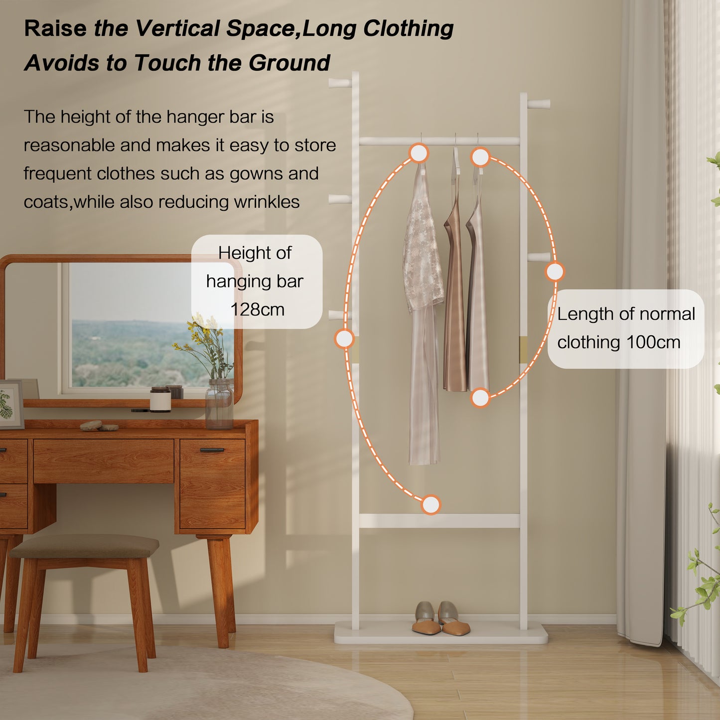 Modern white garment rack with adjustable height ideal for storing long dresses and coats