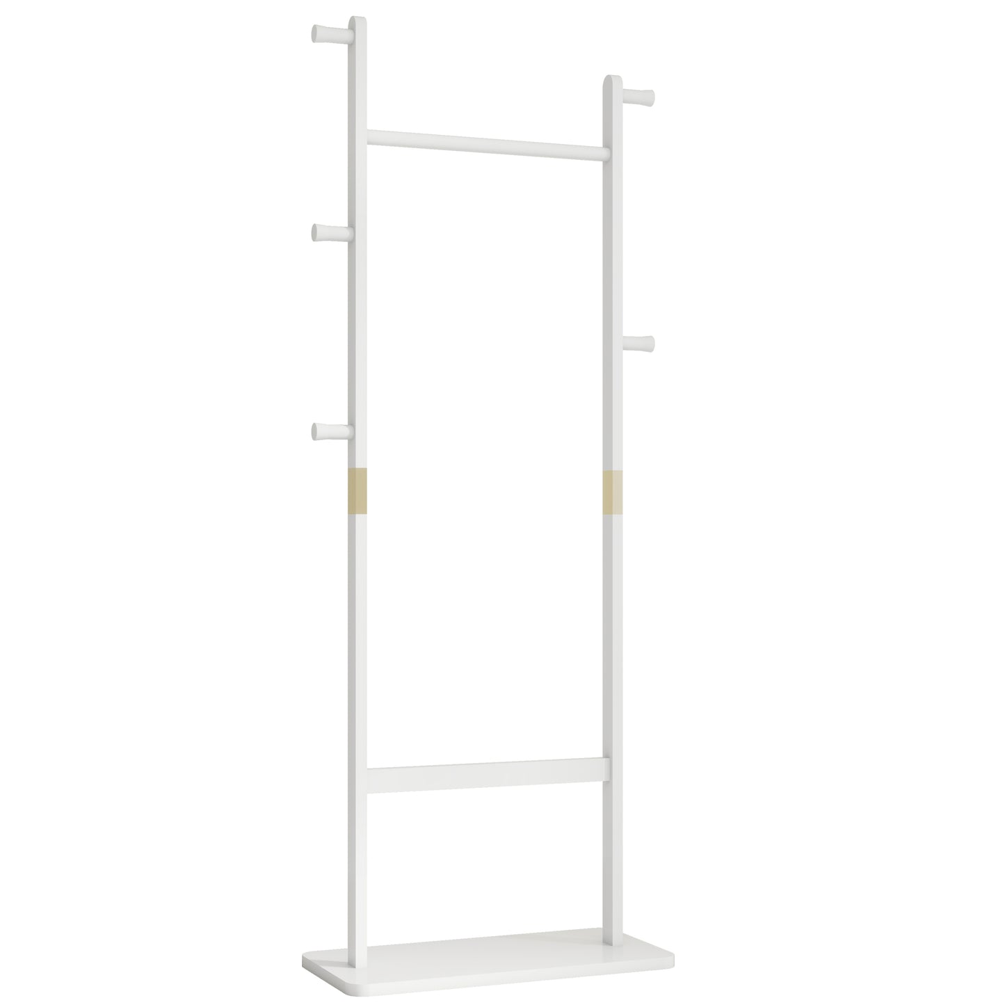 White wooden coat rack with multiple hooks and a top bar for hanging clothes