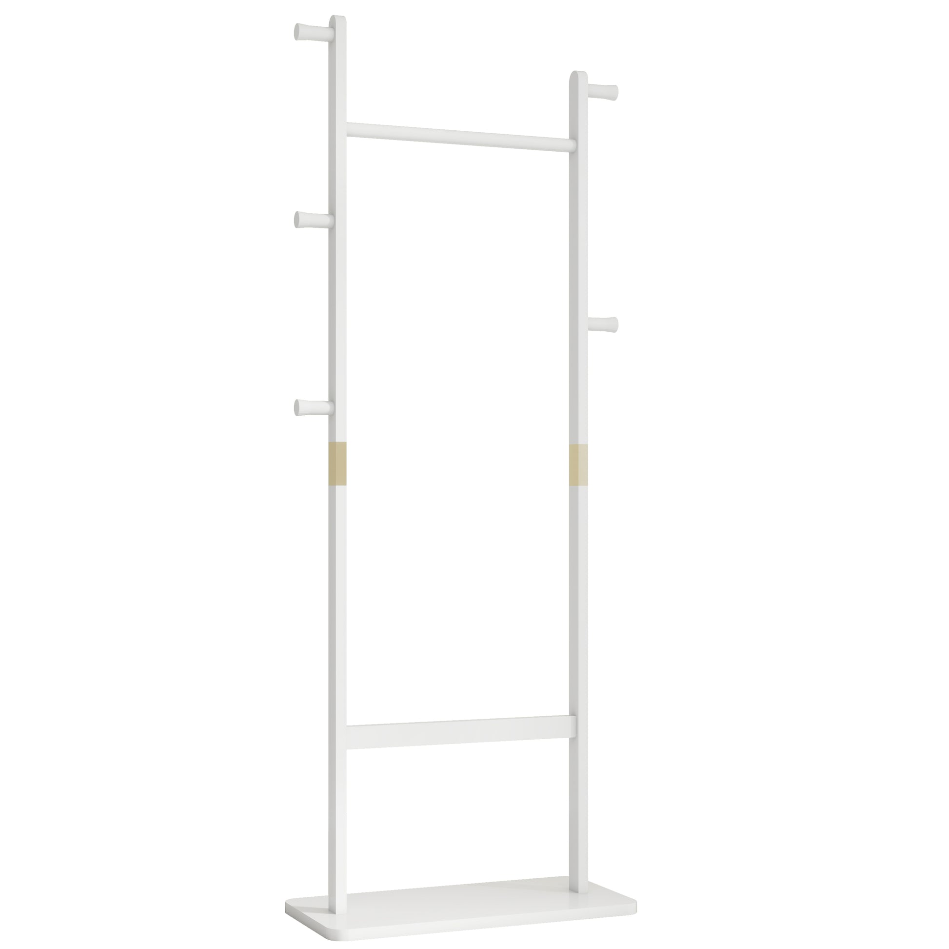 White wooden coat rack with multiple hooks and a top bar for hanging clothes