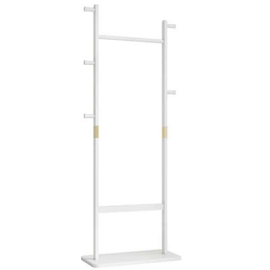White wooden coat rack with multiple hooks and a top bar for hanging clothes