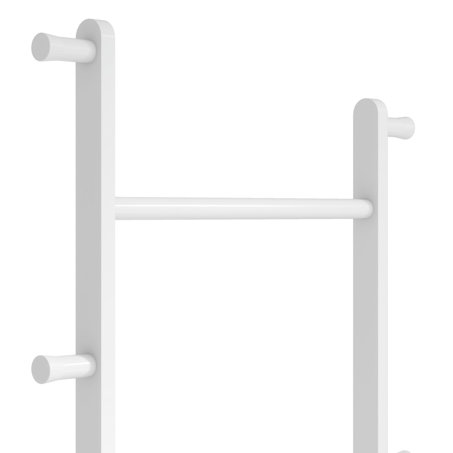 White wooden towel rack with three horizontal bars and rounded pegs