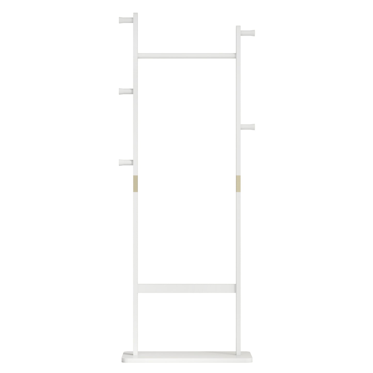 Minimalist white clothes rack with wooden pegs and shelf