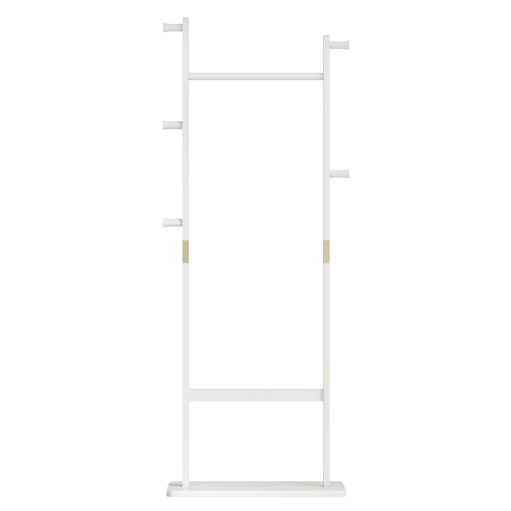 Minimalist white clothes rack with wooden pegs and shelf