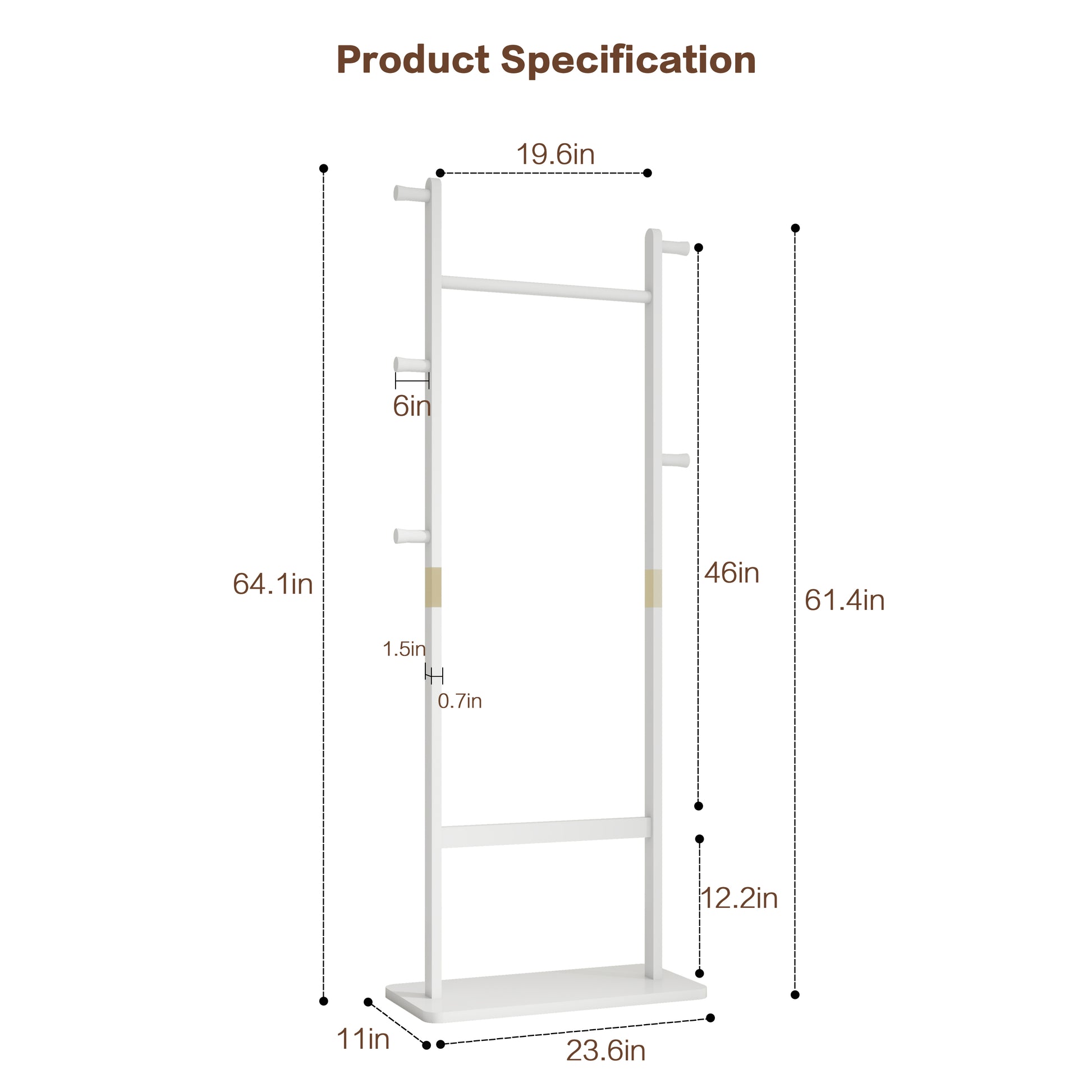 White modern garment rack with multiple hooks and a hanging rail