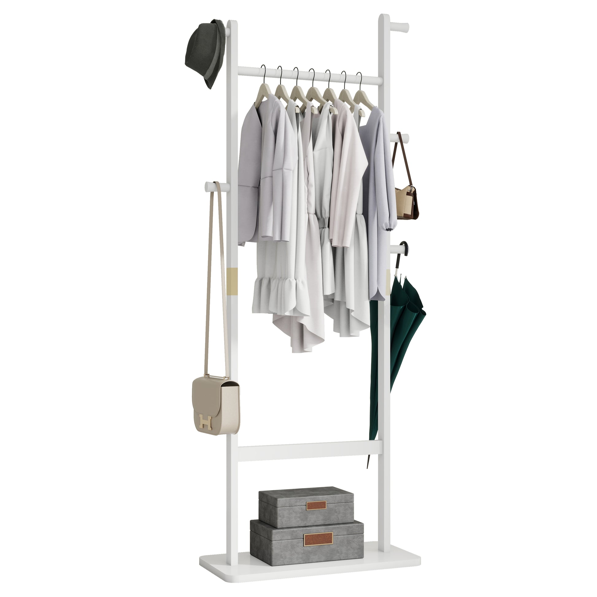 Modern white coat rack with gray hat beige handbag and green umbrella