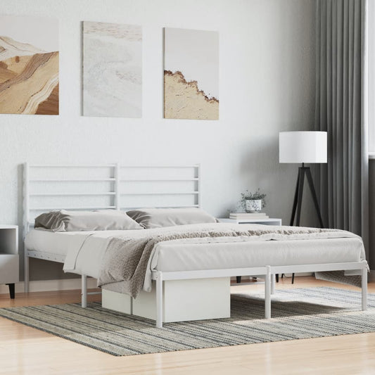 White metal platform bed frame with horizontal slat headboard and footboard