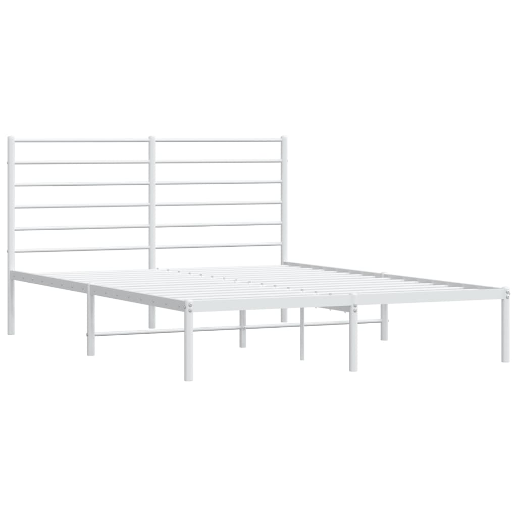 White metal platform bed frame with horizontal slat headboard